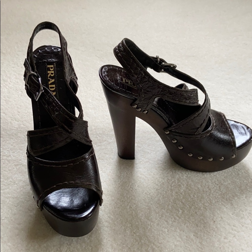 Prada wood heels brown leather with studs